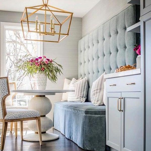 upholstered bench in kitchen