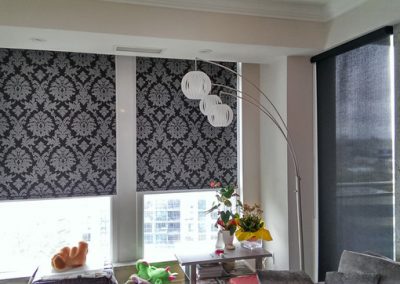 Fabric roller shades office kitchen damask