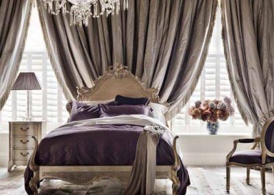Master Bedroom with Silk Drapery Blackout Lined with Trim Grey